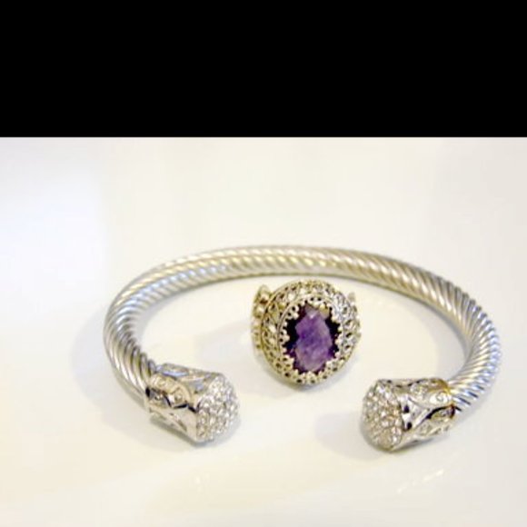 COPY - Ottoman Silver Amethyst Oval Gemstone Filigree Ring  &  Cable Wire Cuff - Picture 1 of 11